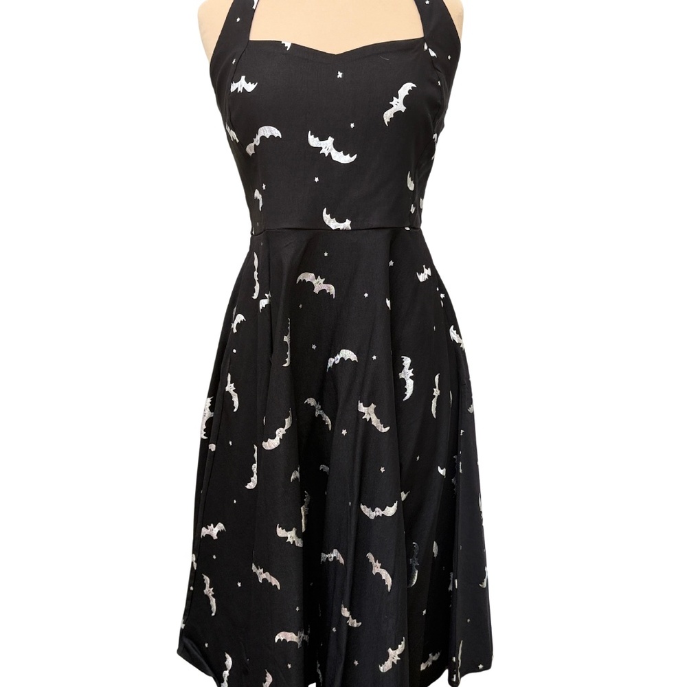 Unique Vintage 1950s Black & Silver Bats Criss Cross Halter Rita Flare Dress